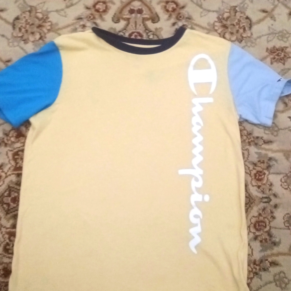 Yellow Champion shirt with 2 shades of blue on each sleeve